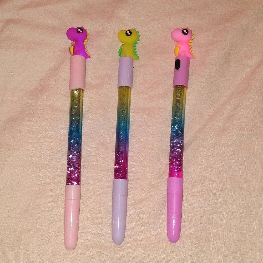 LED Light Up Dinosaur Pen with Rainbow Glitter Gel